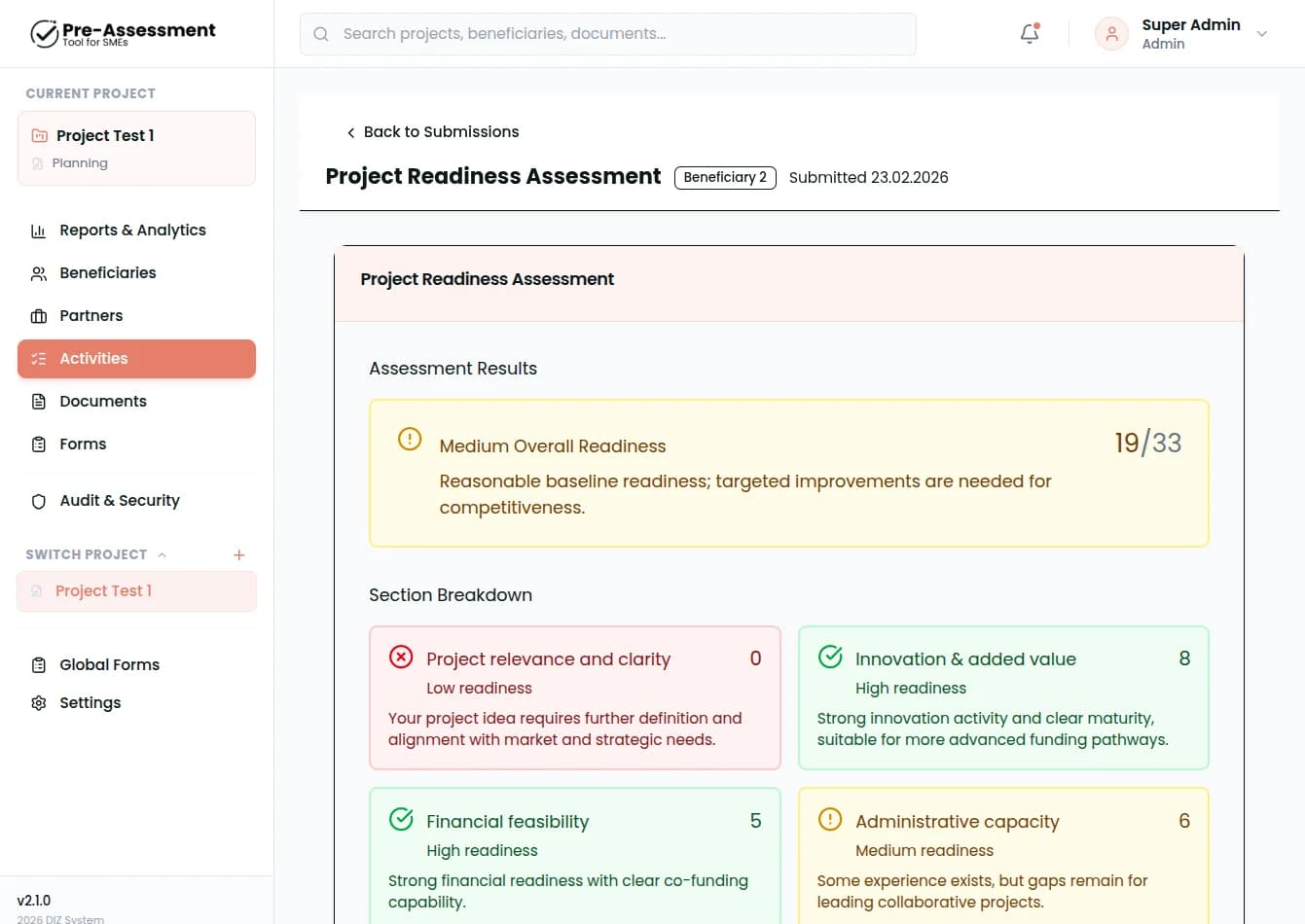 Digital Innovation Zone (DIZ) - Preassesment platform — Pre-assessment platform for SME funding readiness 1